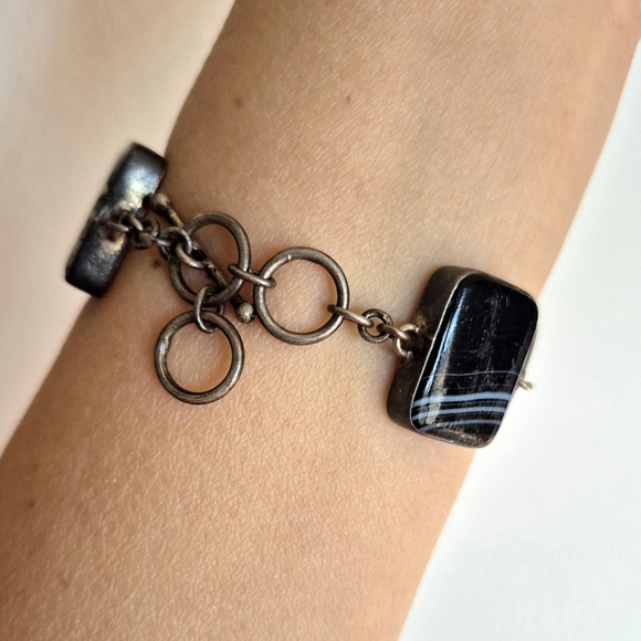 925 Silver&Multi-stoned vintage toggle bracelet made by Sandy Baker 8.268" - Picture 5 of 16